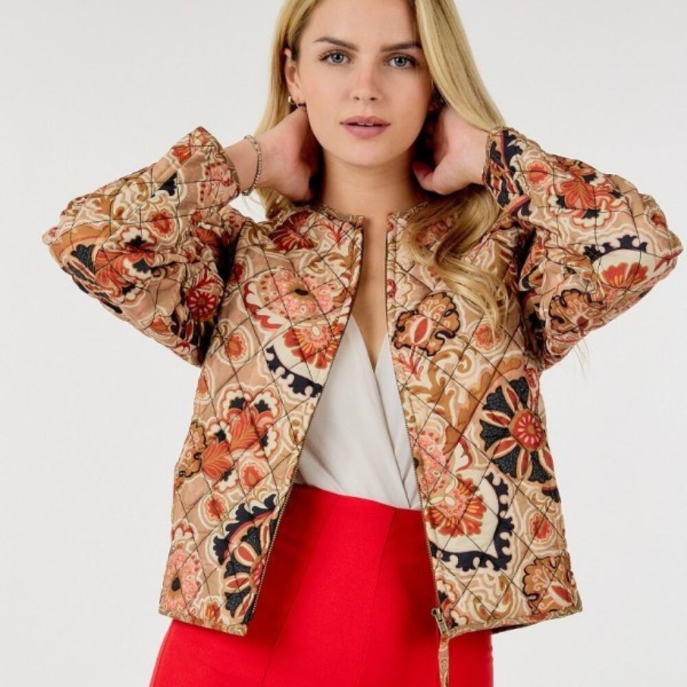 Outerwear Collection- Zip Up Multi-Print Jacket/ Puff Sleeves/Cozy Quilted Style